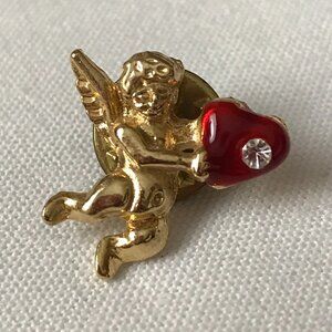 Vintage Guardian Angel/Cherub w/Red Enamel Heart & Faux Diamond Lapel Pin